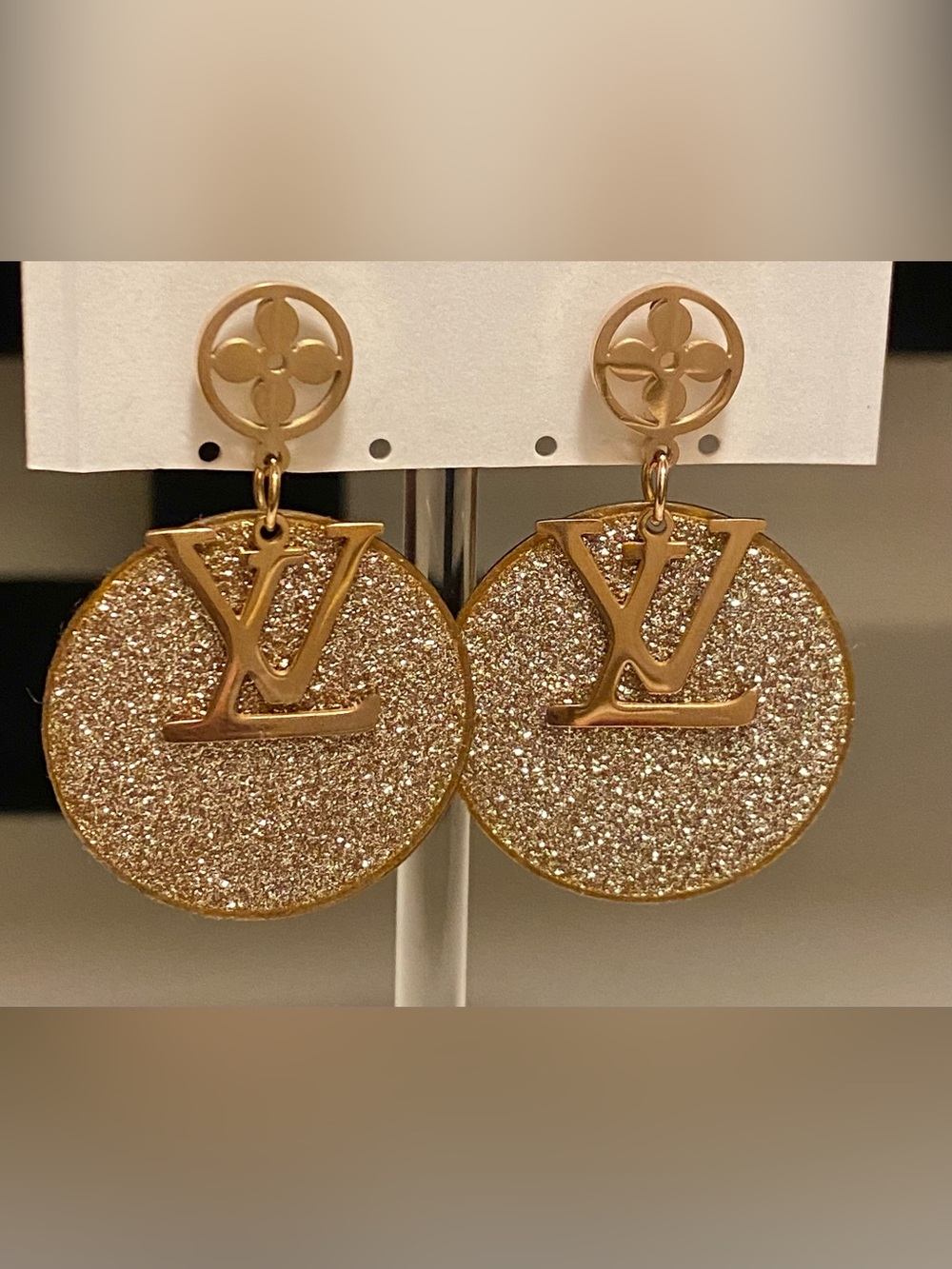 Fashion Jewelry 14K Rose Gold Plated Glitter Logo L-V Luxury Drop Earrings
